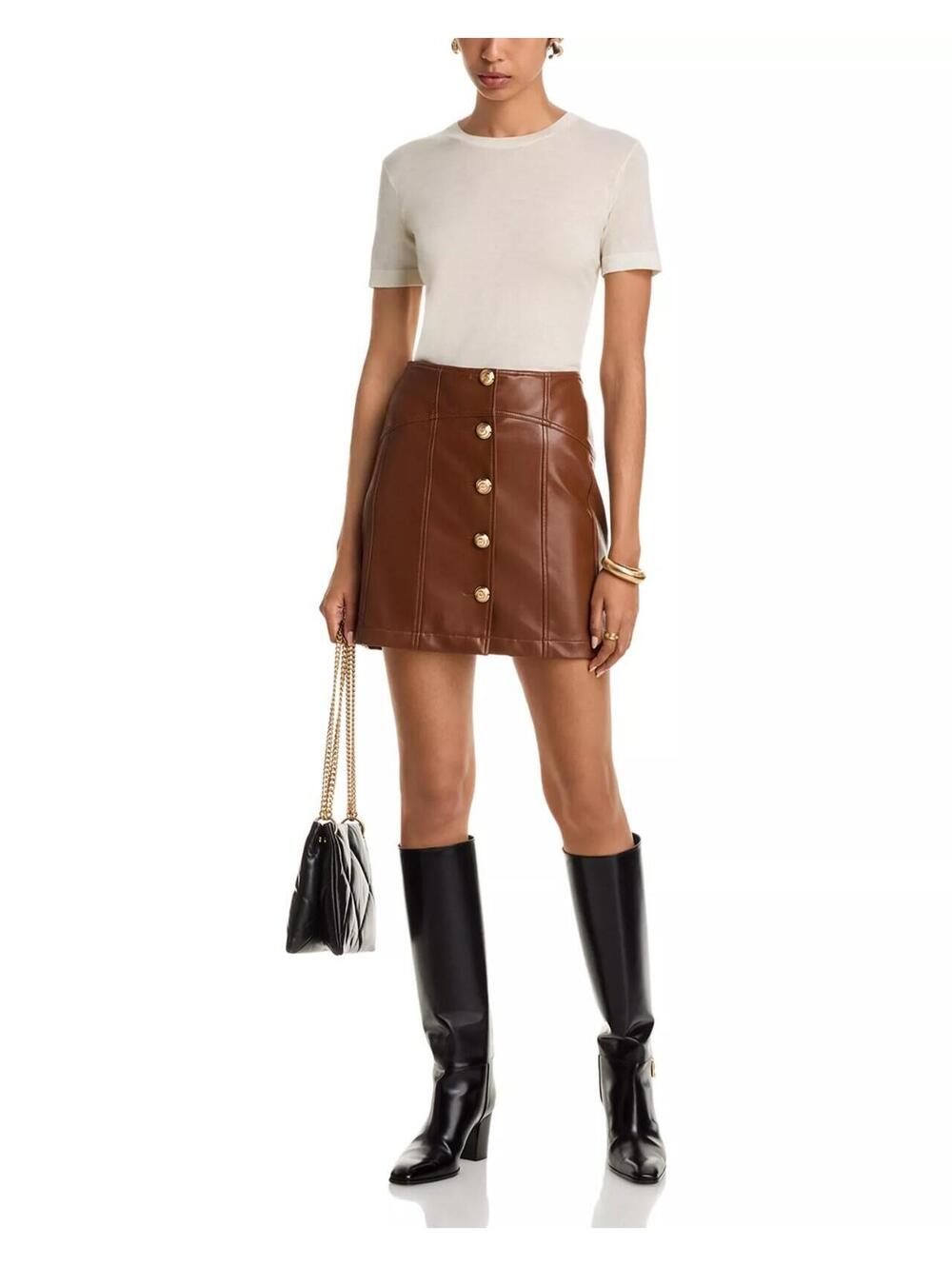 325$ Cinq a Sept Claudia Faux Leather A-Line Mini Skirts Size 0 US Brown